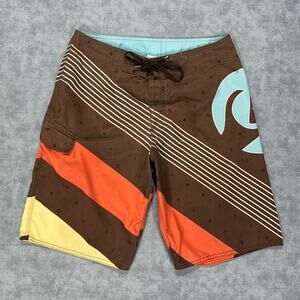 Y2K Quiksilver striped skull print brown surfwear board shorts swimwear mens 33